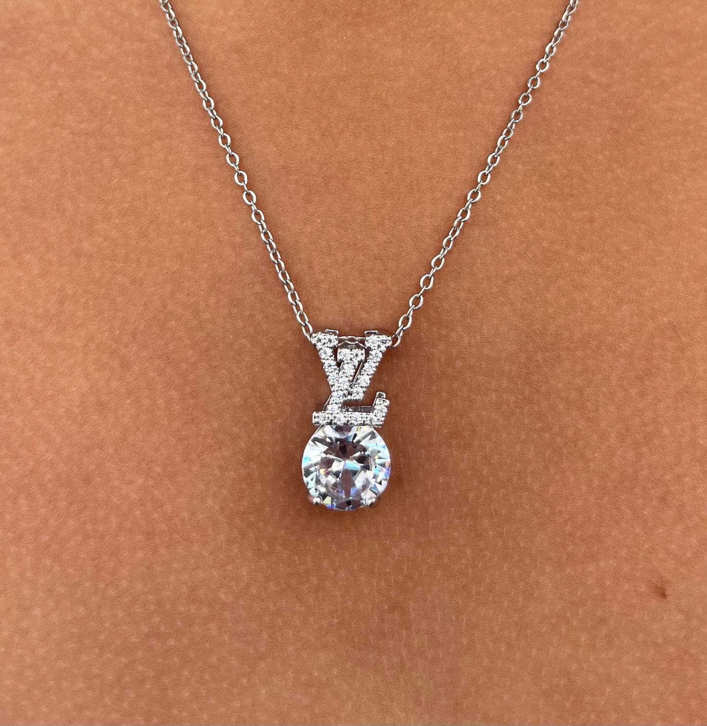 Silver Stainless Steel LV Necklace with Zirconia Stone - Elegance and Durability