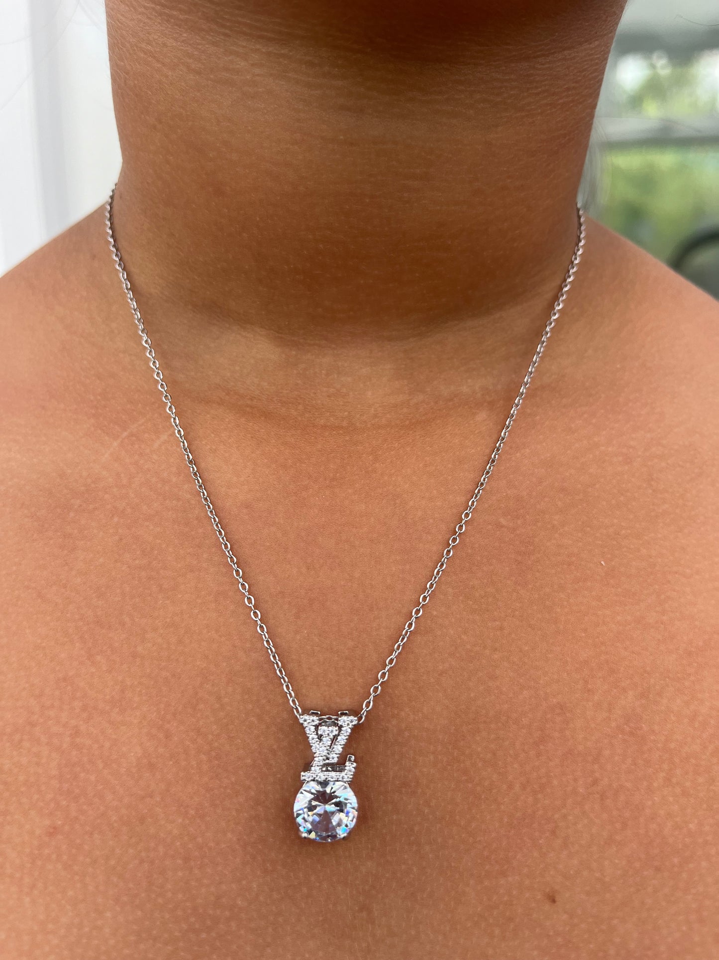 Silver Stainless Steel LV Necklace with Zirconia Stone - Elegance and Durability